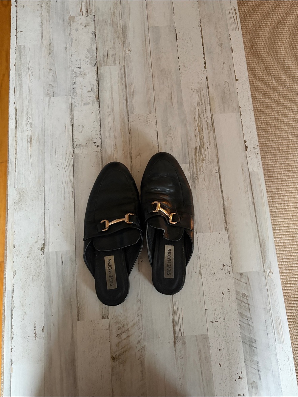 Steve Madden Black Leather Mule Loafers with Gold Buckle